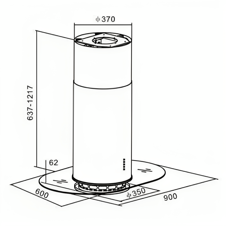 Newmatic H98.9M Island Hood Dimensions in MM