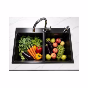 Newmatic H84B Double Bowl Handcrafted Kitchen Sink – 304 Stainless Steel, Nano Black Finish
